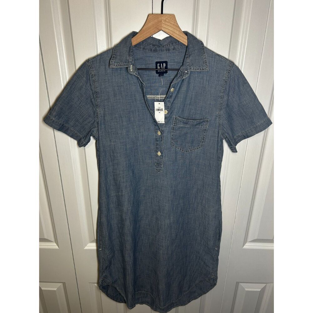 NWT Gap Denim Chambray Short-Sleeve Popover Dress Size XS Casual Shirtdress Mini